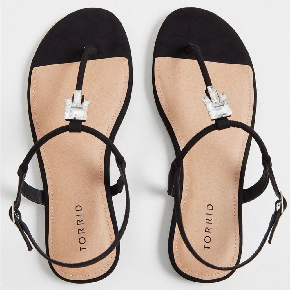 TORRID Black Jeweled T-Strap Flat Sandals